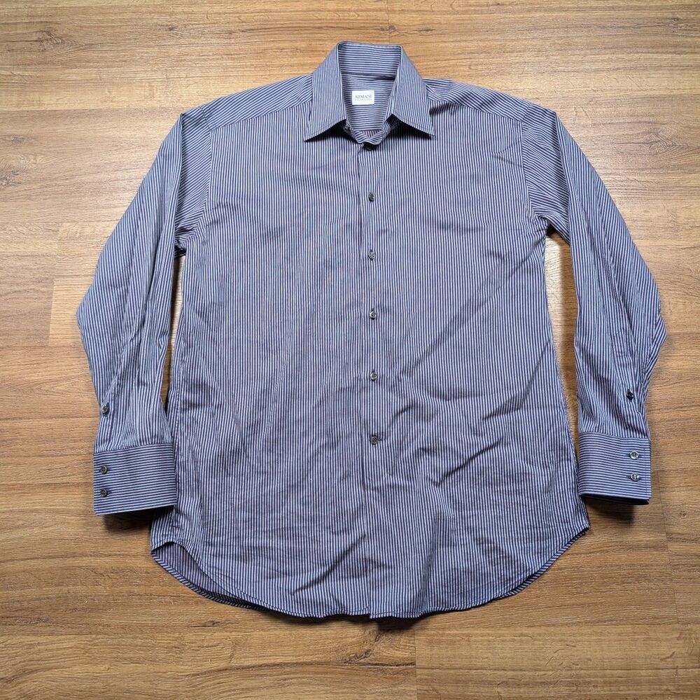 Armani Collezioni Dress Shirt Mens 39-15.5 R Blue Stripe Button Up Giorgio Italy